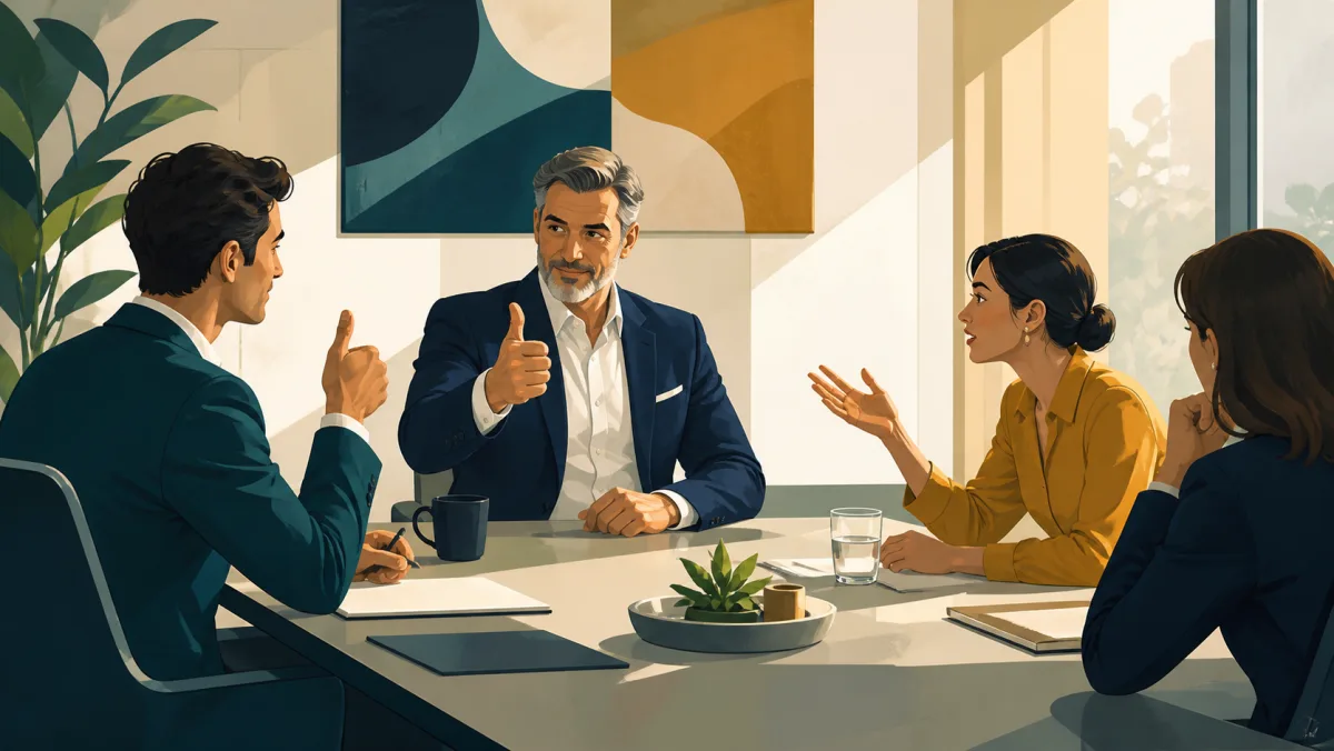 One meeting participant mirrors a leader's approval while another offers an independent view