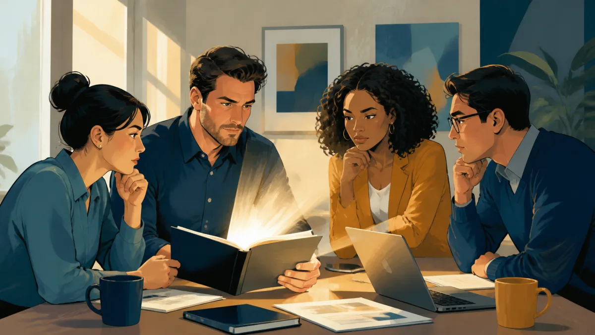 Coworkers examine a report that reveals important evidence during a serious discussion