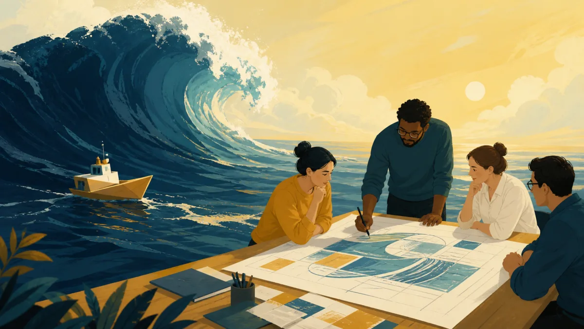 A small project vessel faces a huge wave while a team plans a larger solution