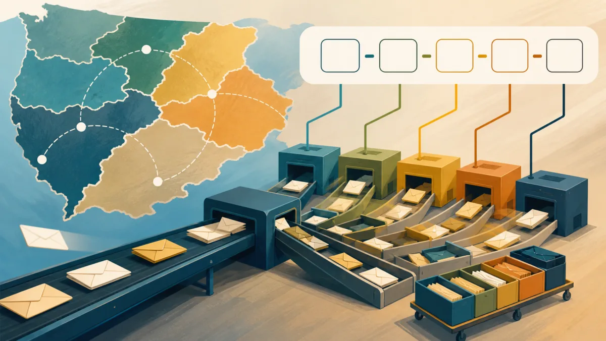 Envelopes move through a regional postal sorting network with five blank routing blocks