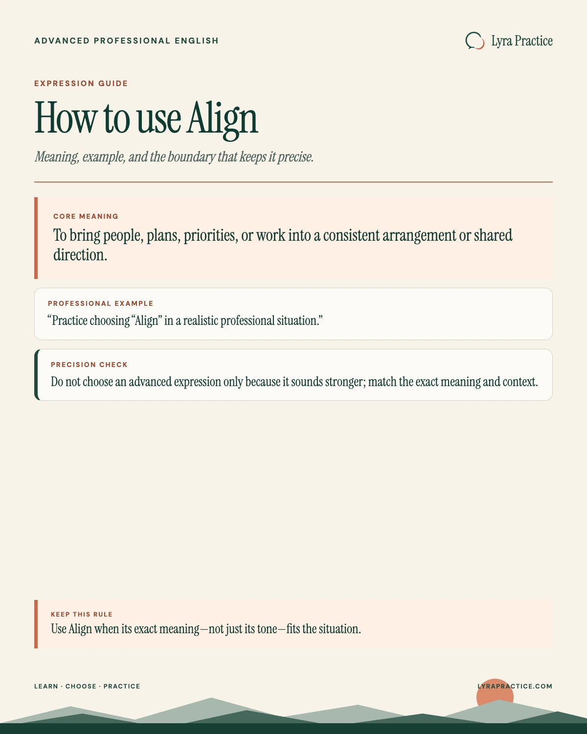 Align meaning and professional English usage guide with an example and usage boundary
