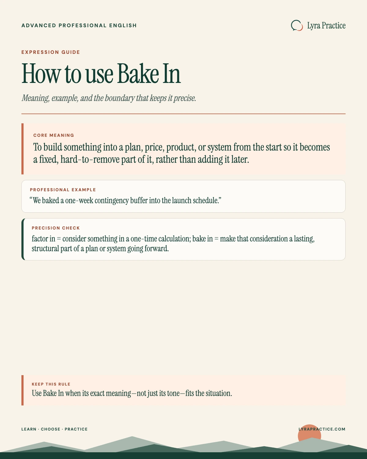Bake In meaning and professional English usage guide with an example and usage boundary
