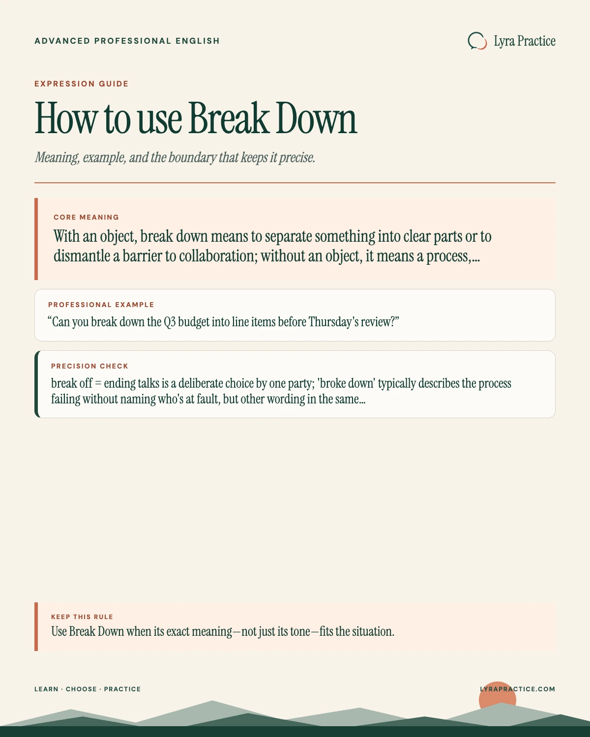Break Down meaning and professional English usage guide with an example and usage boundary