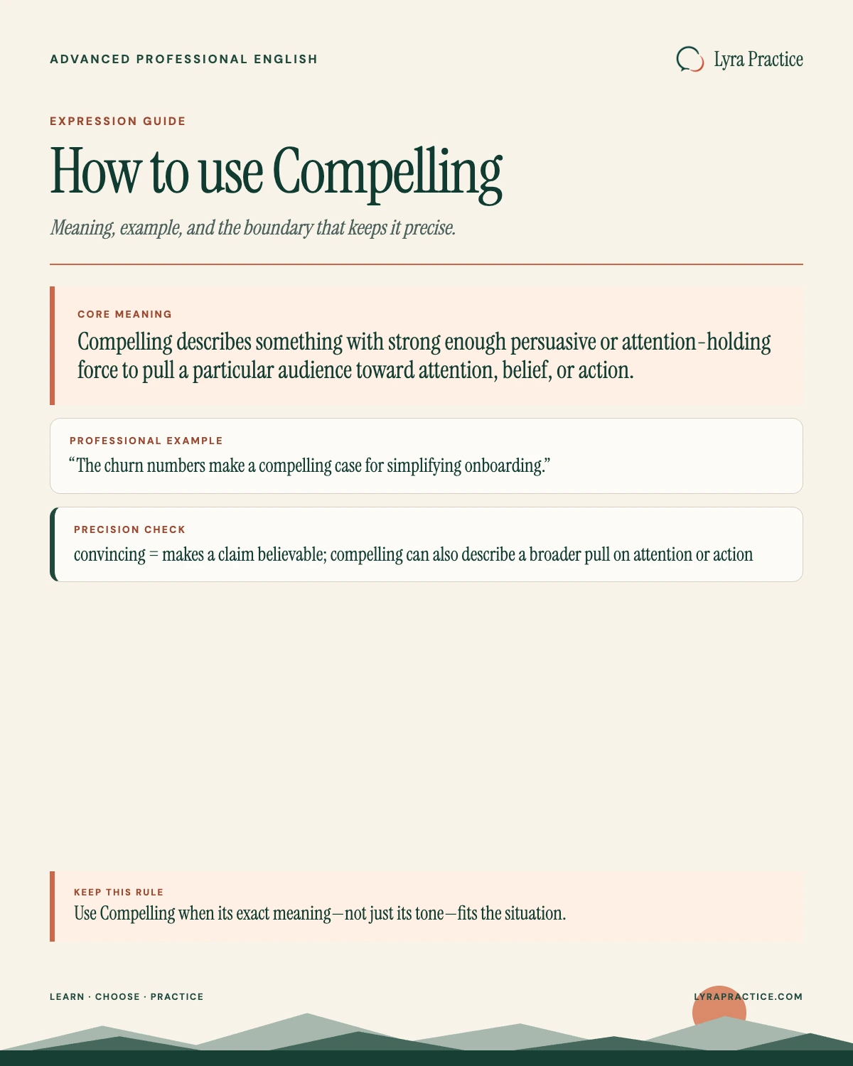 Compelling meaning and professional English usage guide with an example and usage boundary