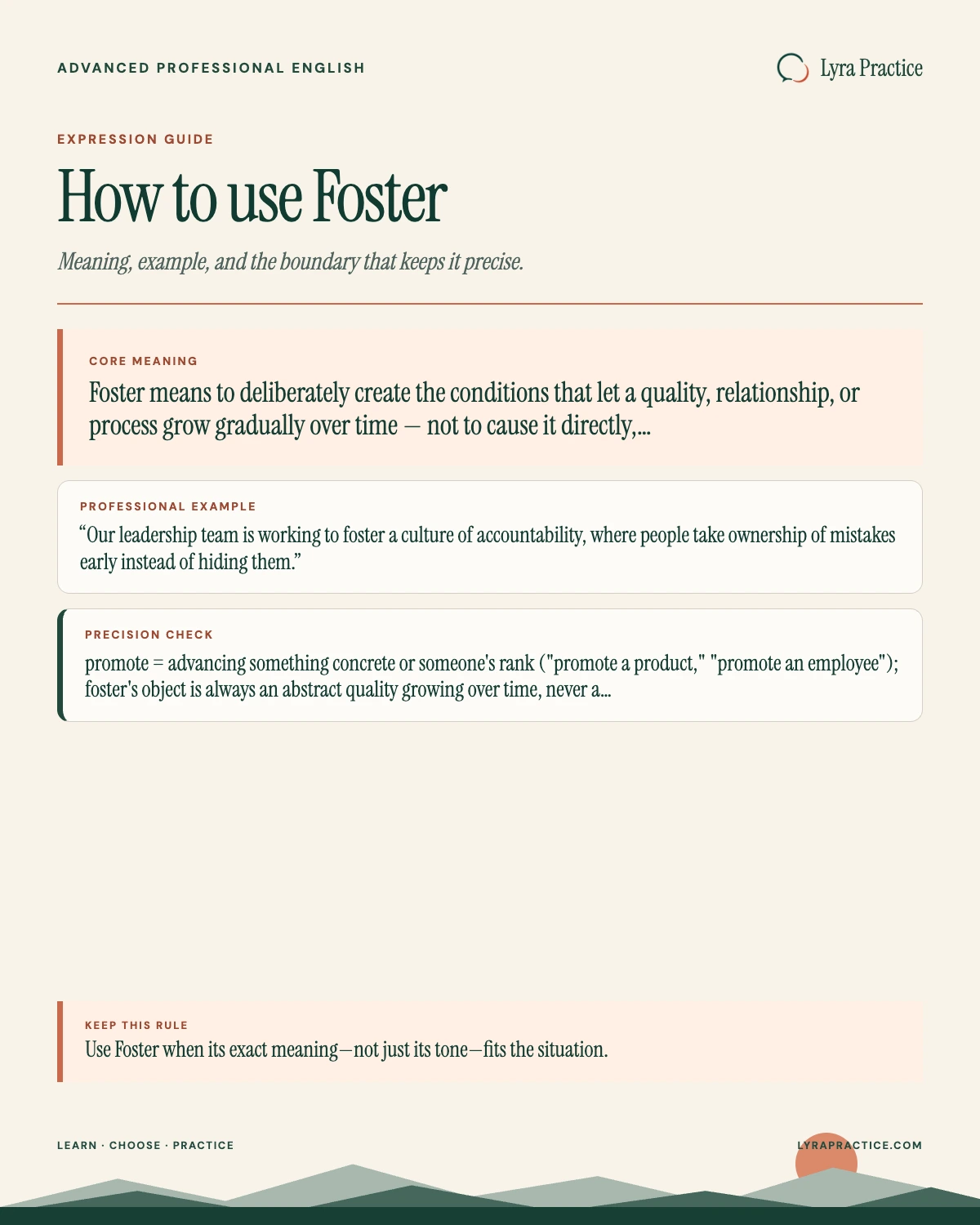 Foster meaning and professional English usage guide with an example and usage boundary