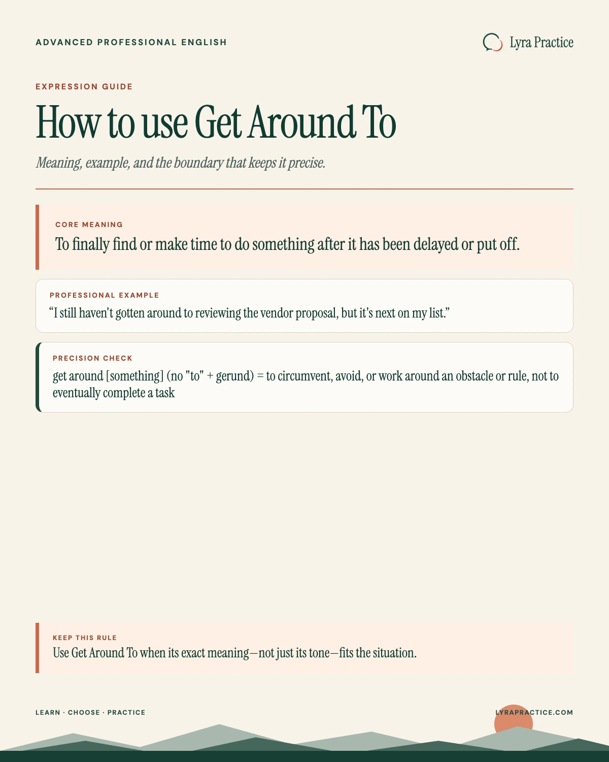 Get Around To meaning and professional English usage guide with an example and usage boundary