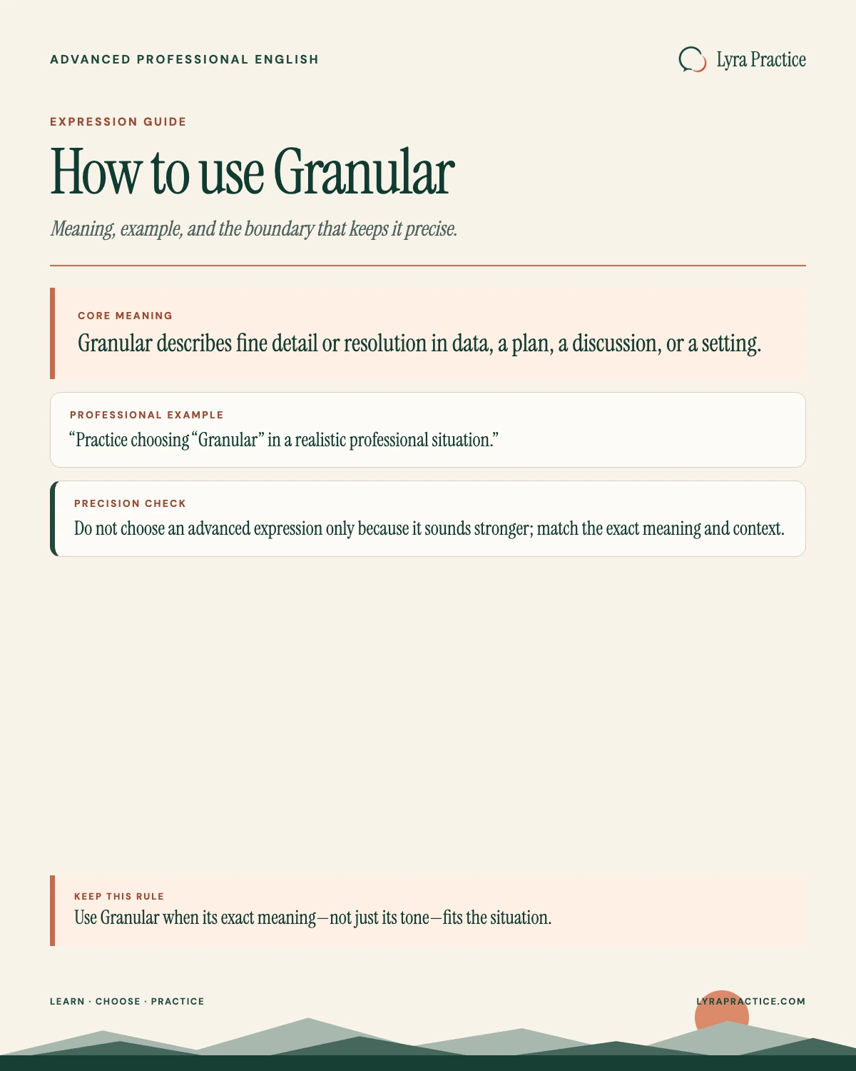 Granular meaning and professional English usage guide with an example and usage boundary