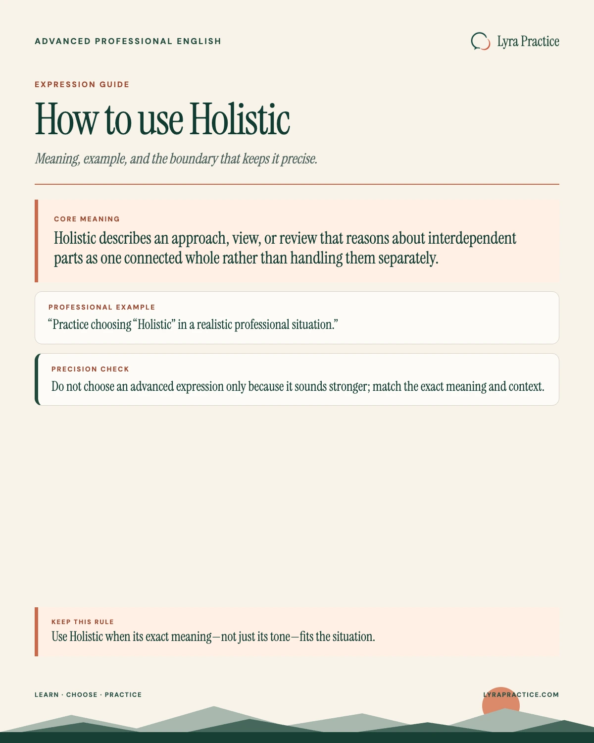 Holistic meaning and professional English usage guide with an example and usage boundary