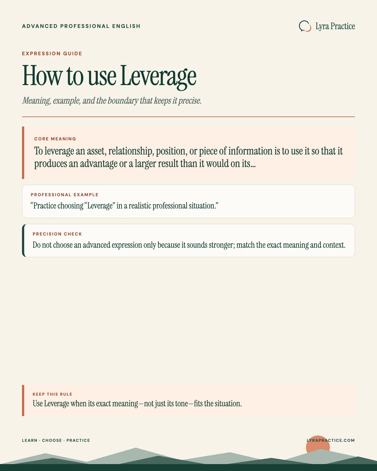Leverage meaning and professional English usage guide with an example and usage boundary