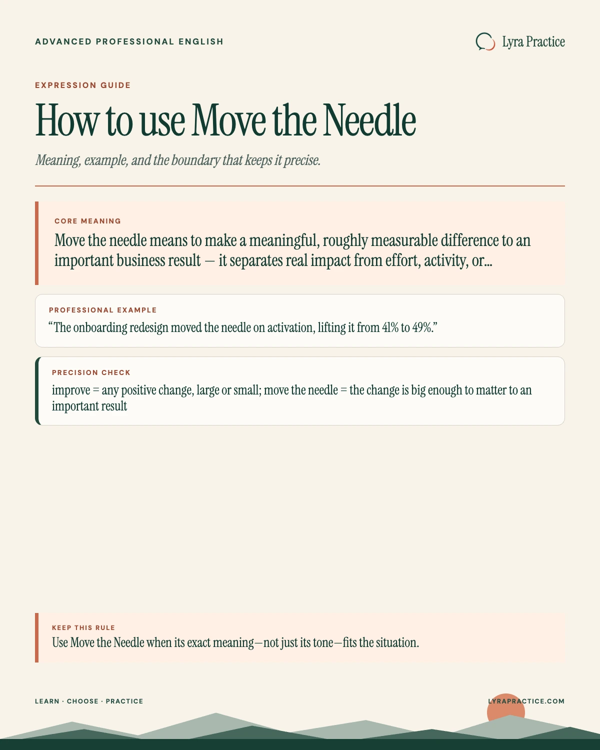 Move the Needle meaning and professional English usage guide with an example and usage boundary