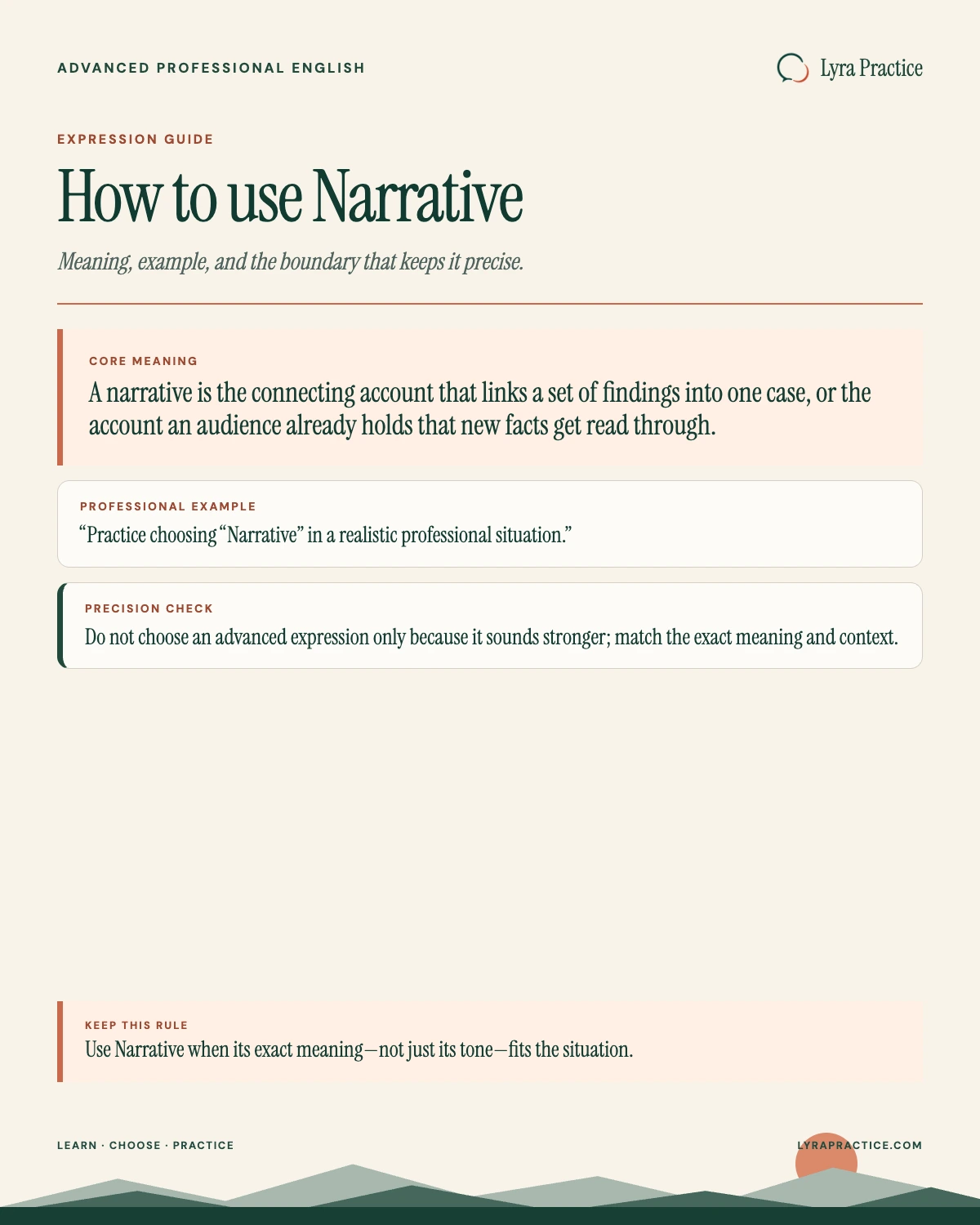 Narrative meaning and professional English usage guide with an example and usage boundary