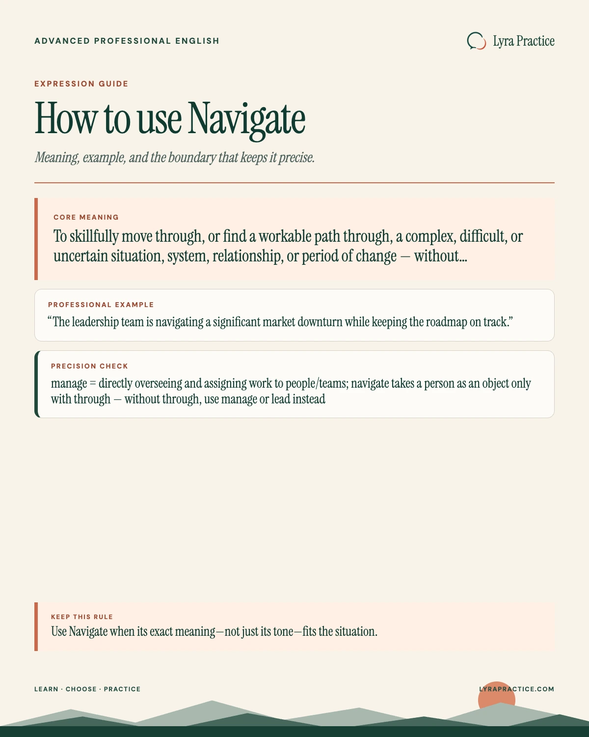 Navigate meaning and professional English usage guide with an example and usage boundary
