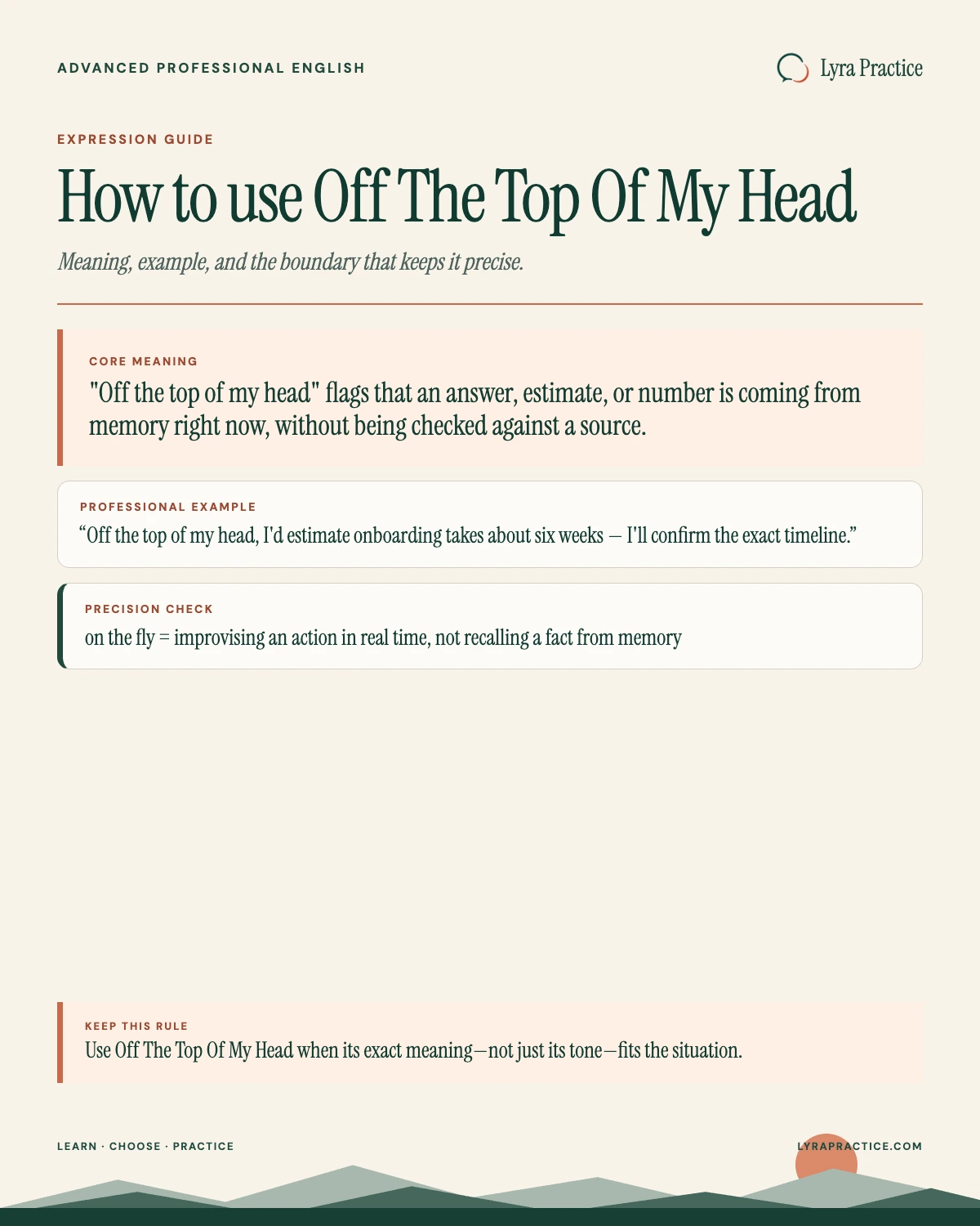 Off The Top Of My Head meaning and professional English usage guide with an example and usage boundary