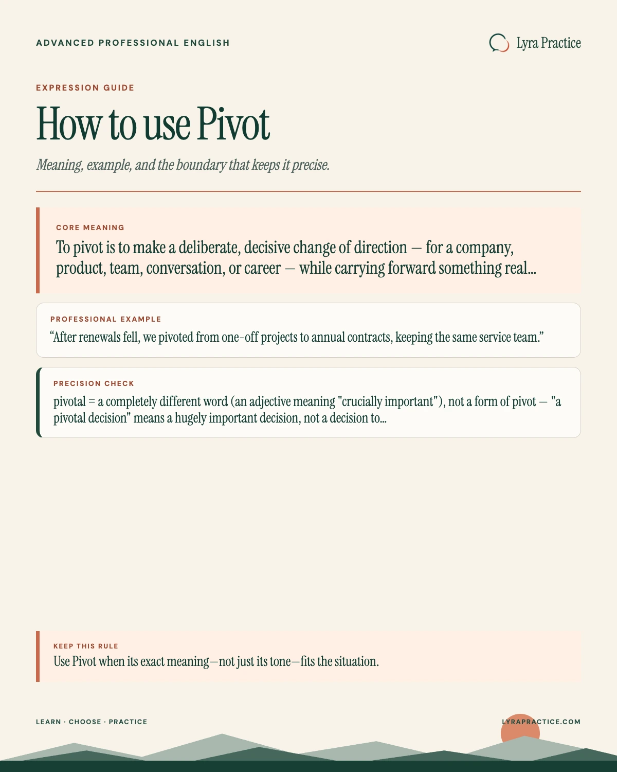 Pivot meaning and professional English usage guide with an example and usage boundary