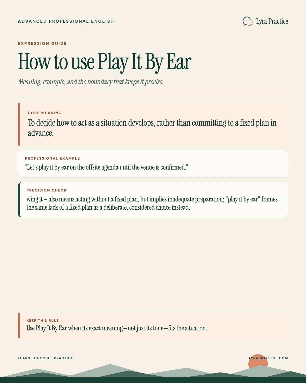 Play It By Ear meaning and professional English usage guide with an example and usage boundary