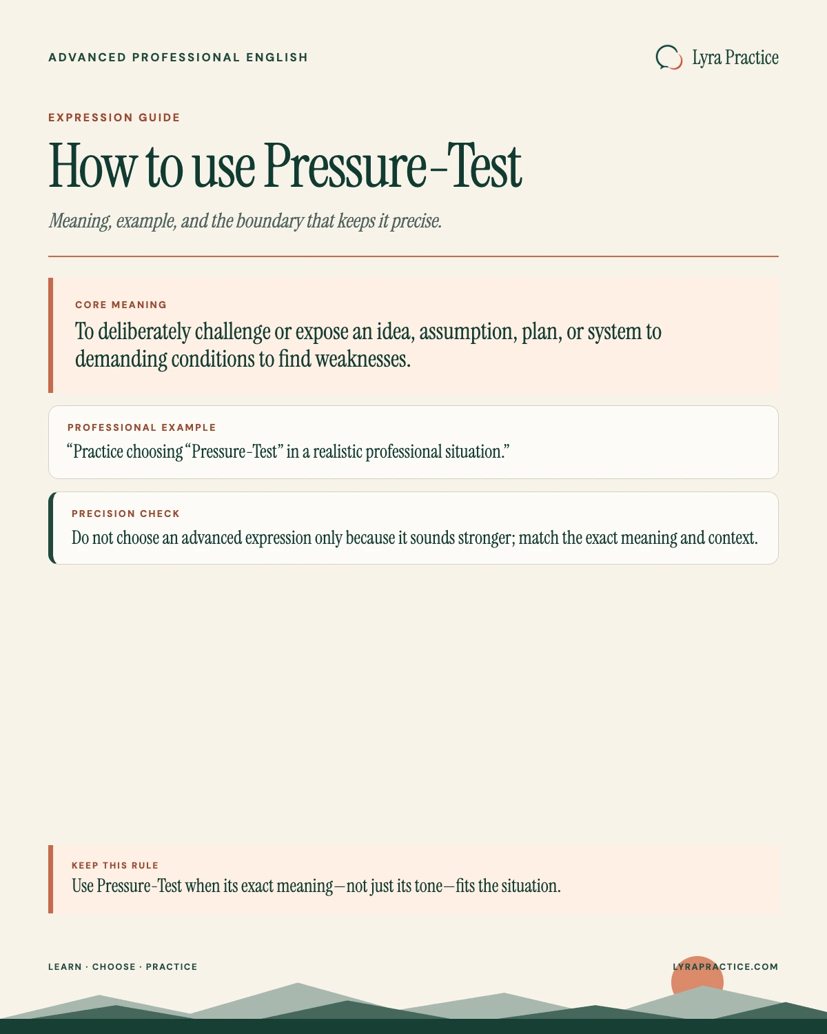 Pressure-Test meaning and professional English usage guide with an example and usage boundary