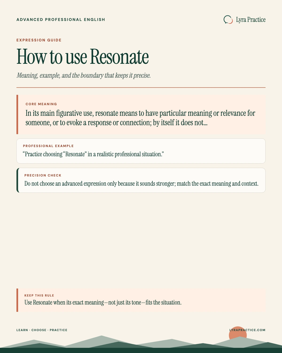 Resonate meaning and professional English usage guide with an example and usage boundary