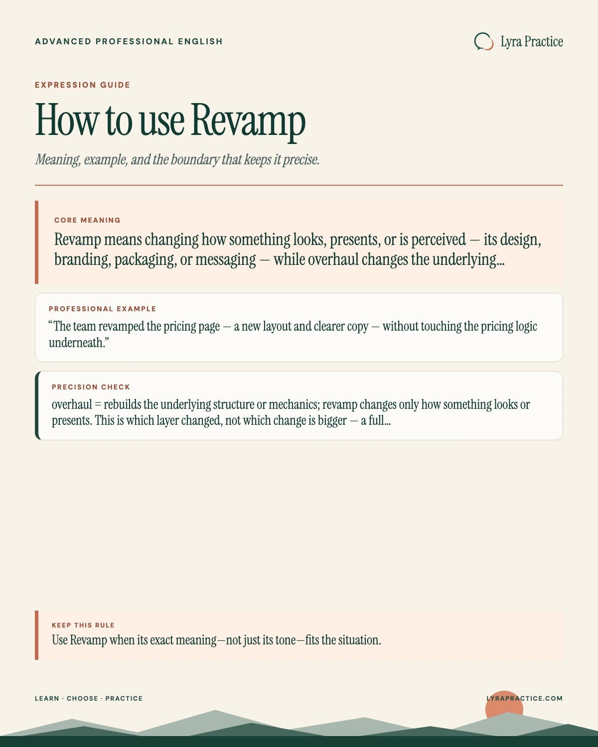 Revamp meaning and professional English usage guide with an example and usage boundary