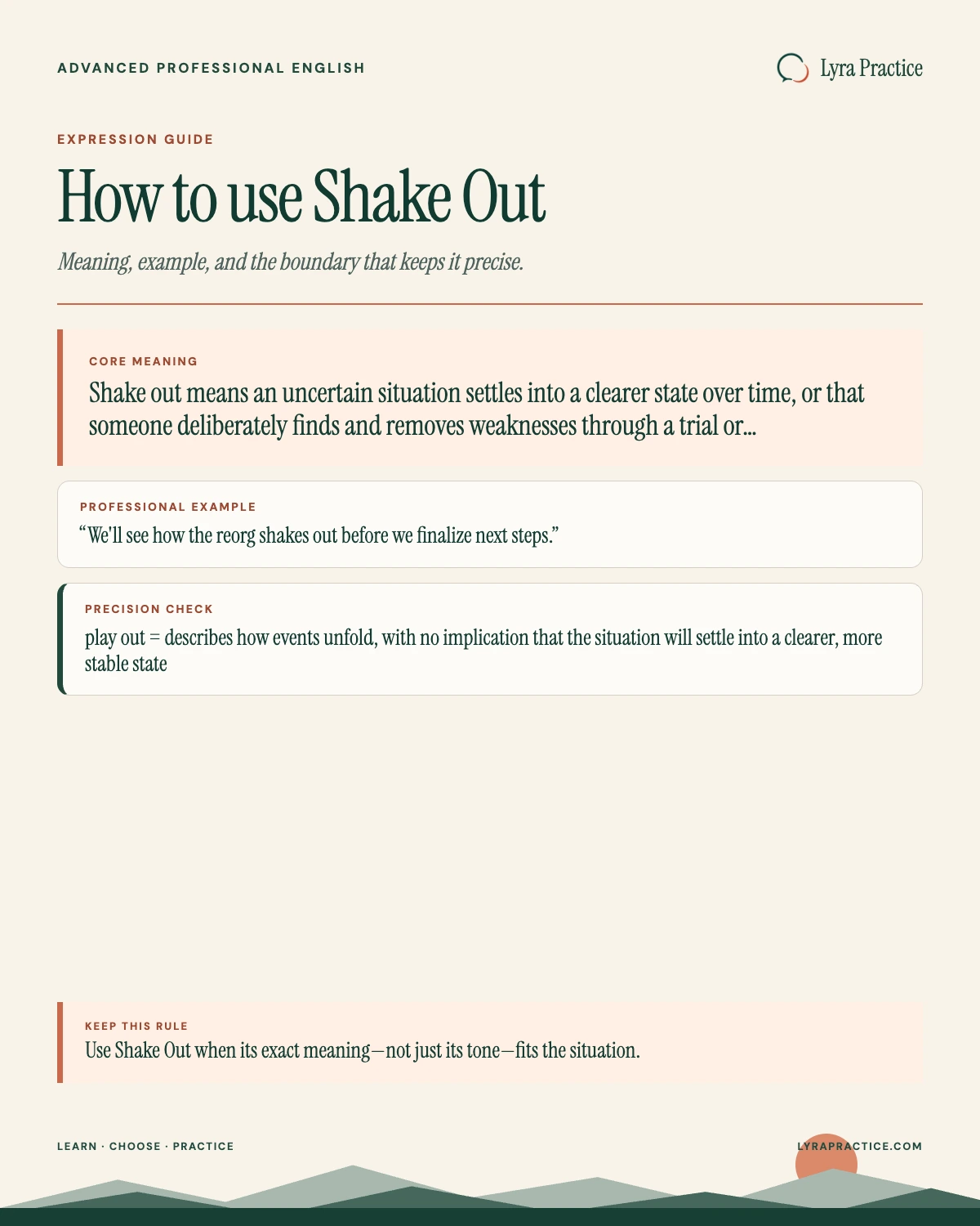 Shake Out meaning and professional English usage guide with an example and usage boundary