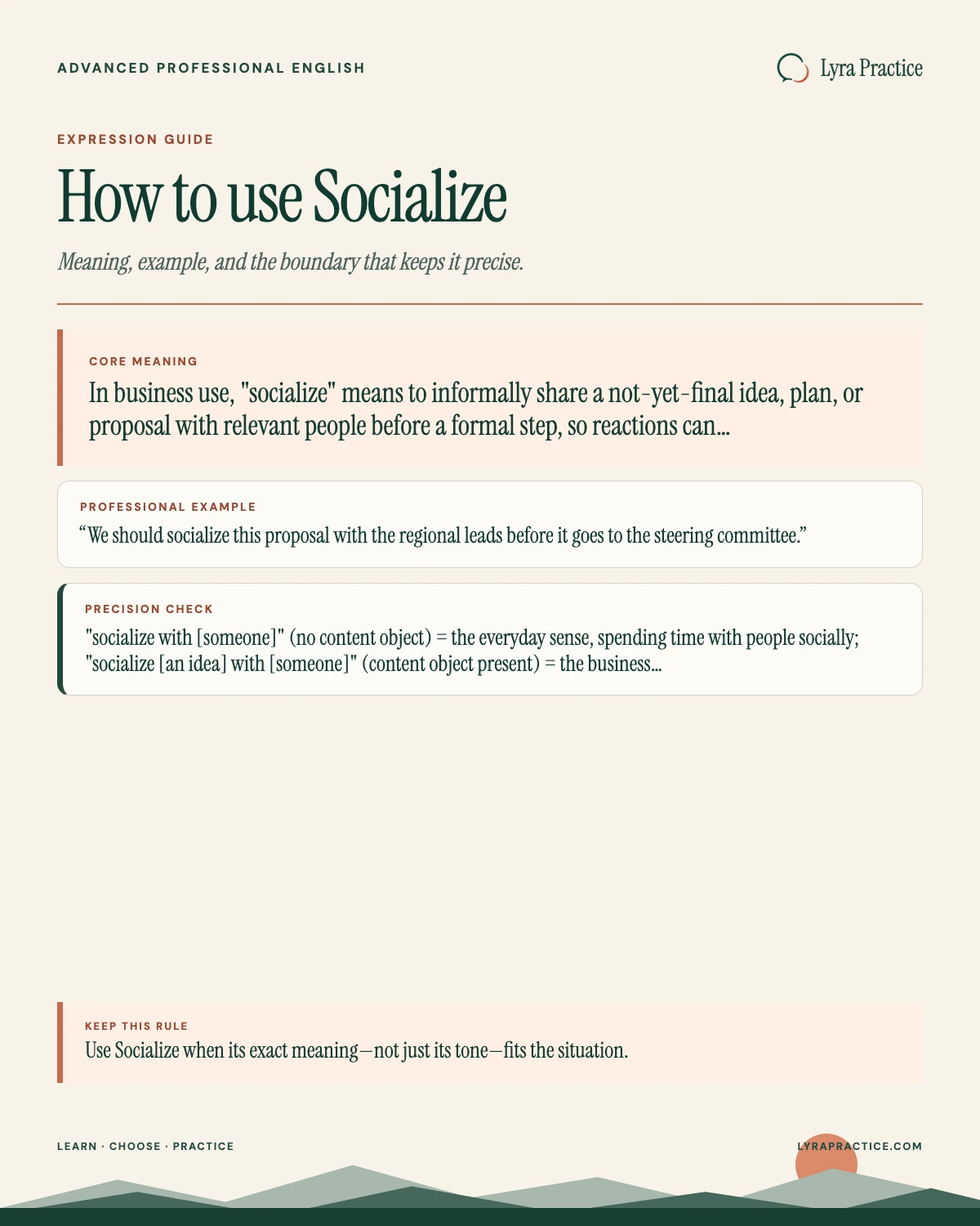 Socialize meaning and professional English usage guide with an example and usage boundary