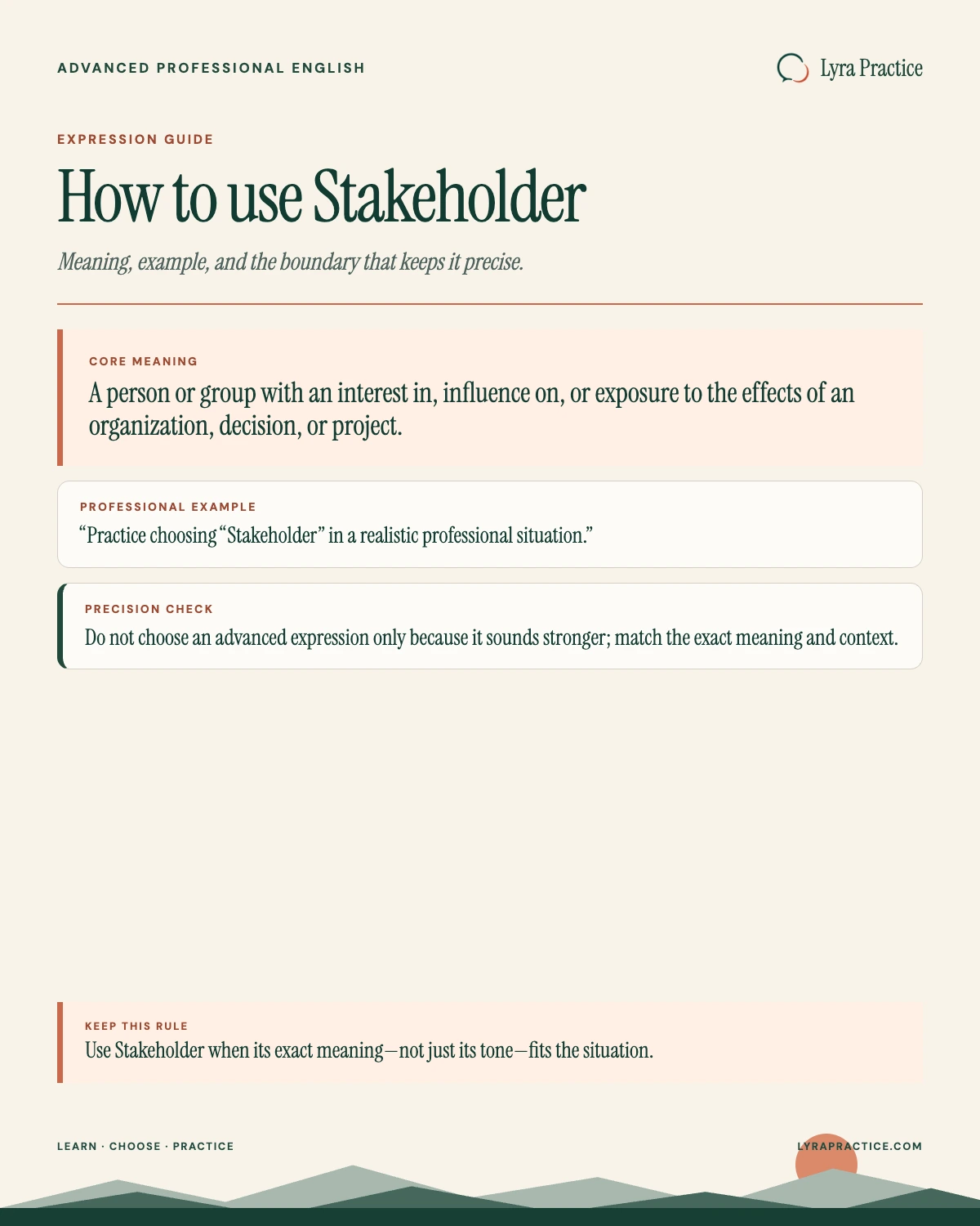 Stakeholder meaning and professional English usage guide with an example and usage boundary