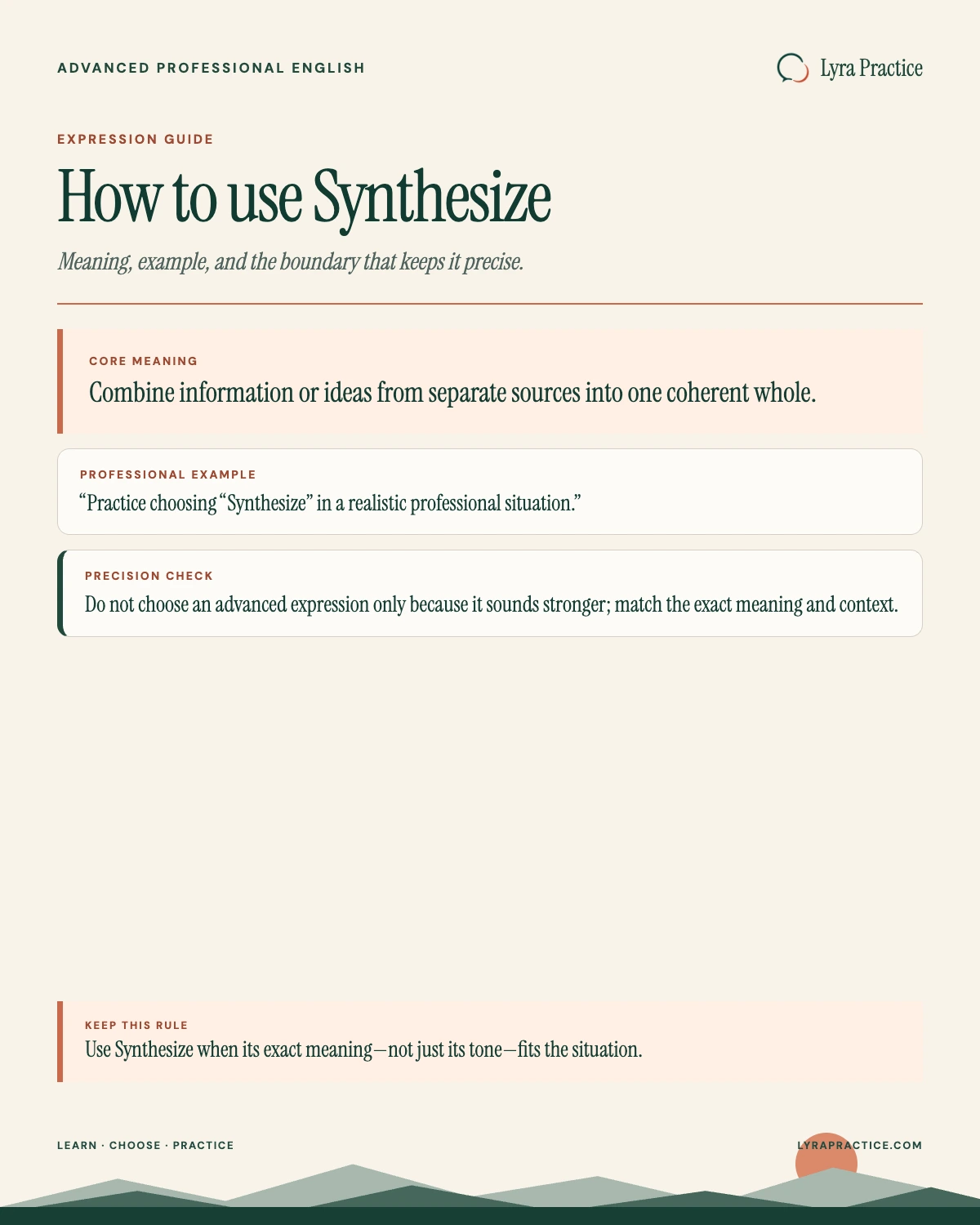 Synthesize meaning and professional English usage guide with an example and usage boundary