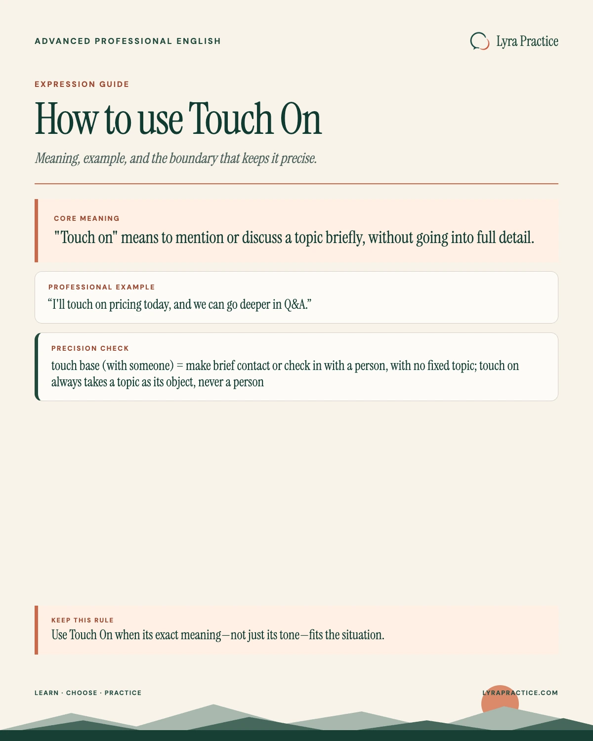 Touch On meaning and professional English usage guide with an example and usage boundary