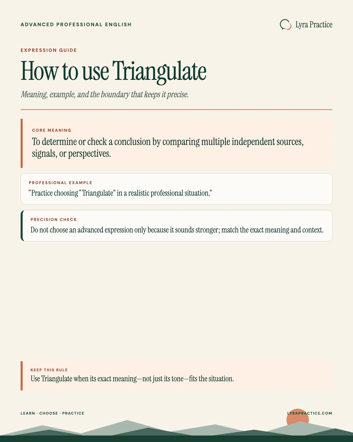 Triangulate meaning and professional English usage guide with an example and usage boundary