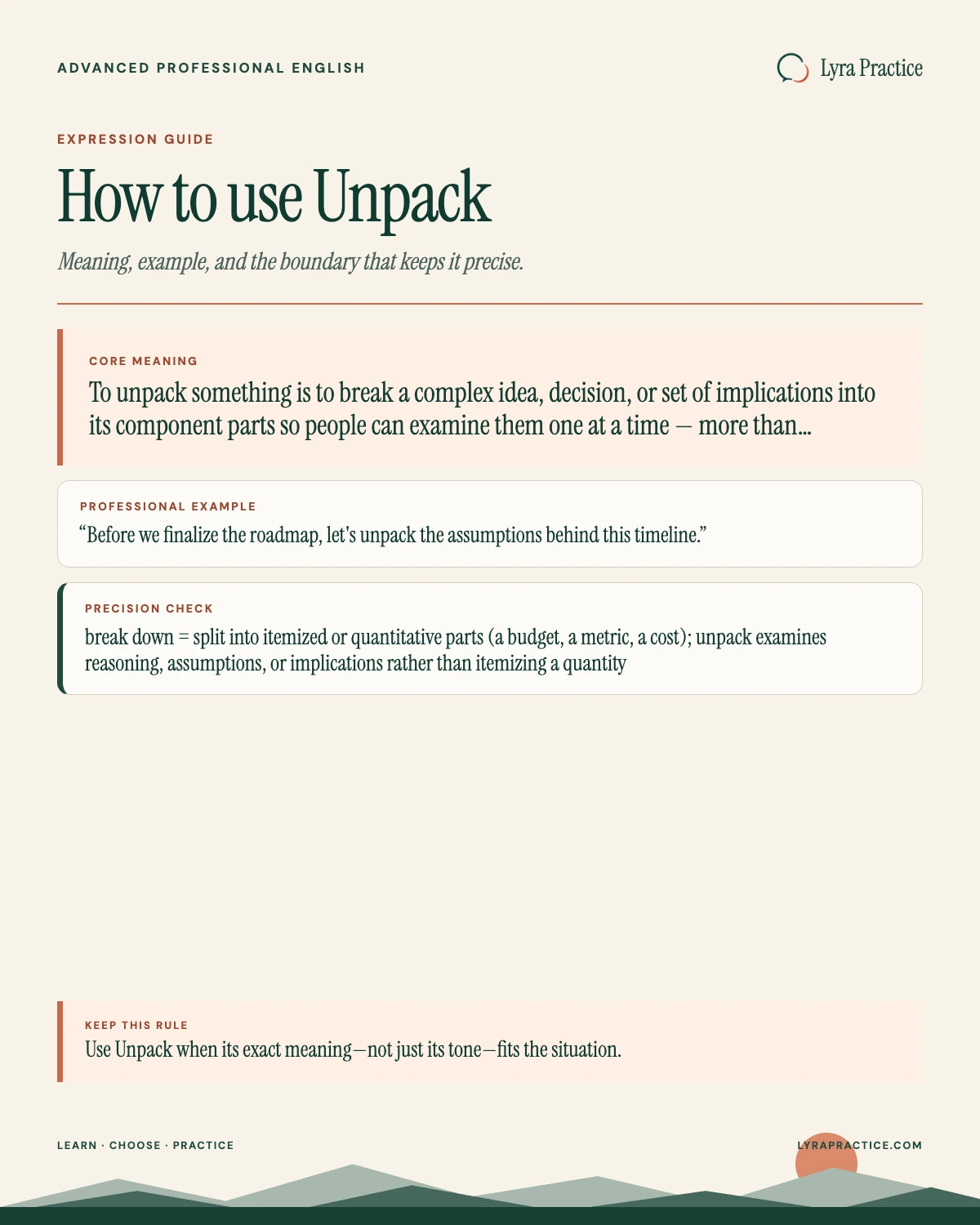 Unpack meaning and professional English usage guide with an example and usage boundary