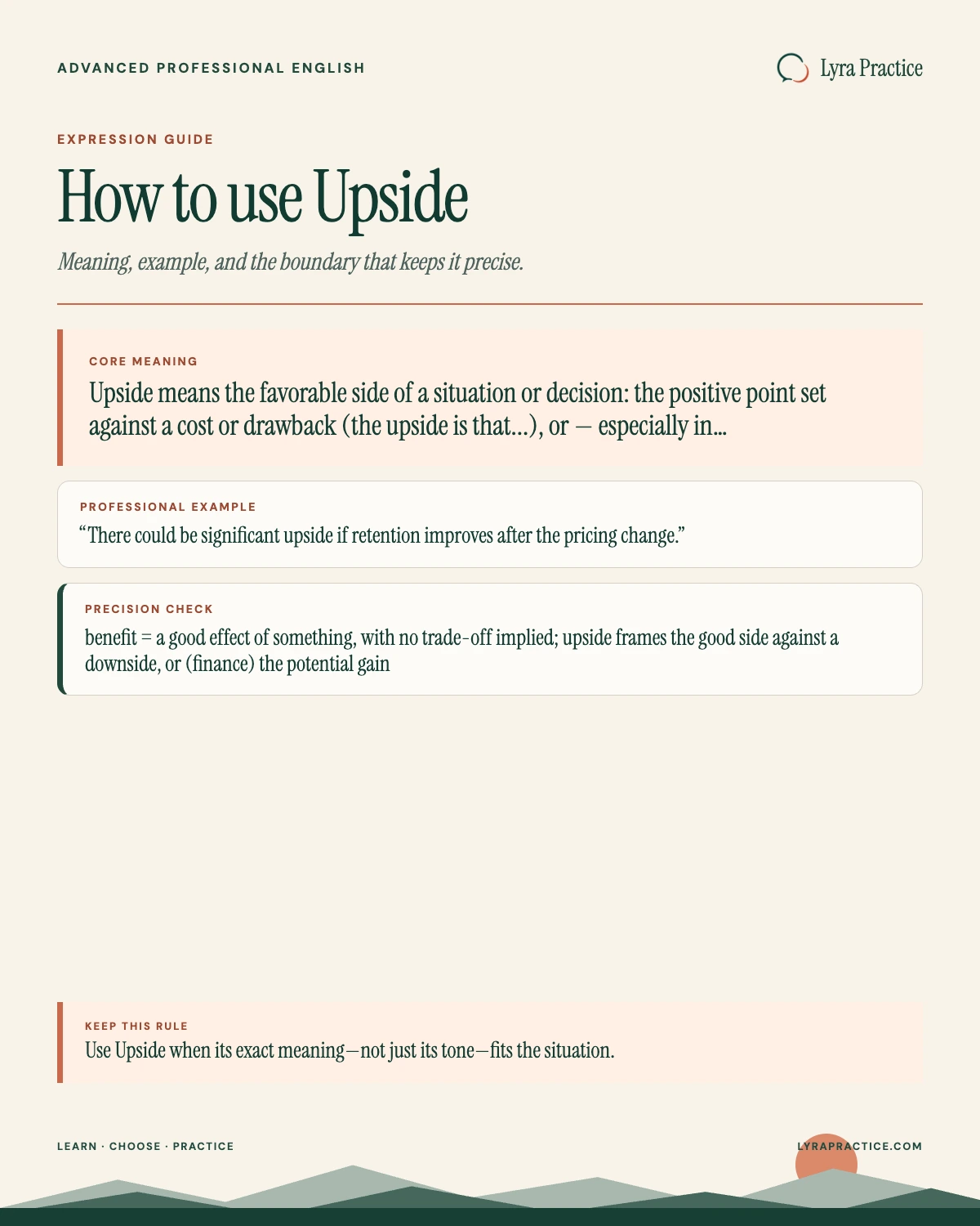 Upside meaning and professional English usage guide with an example and usage boundary