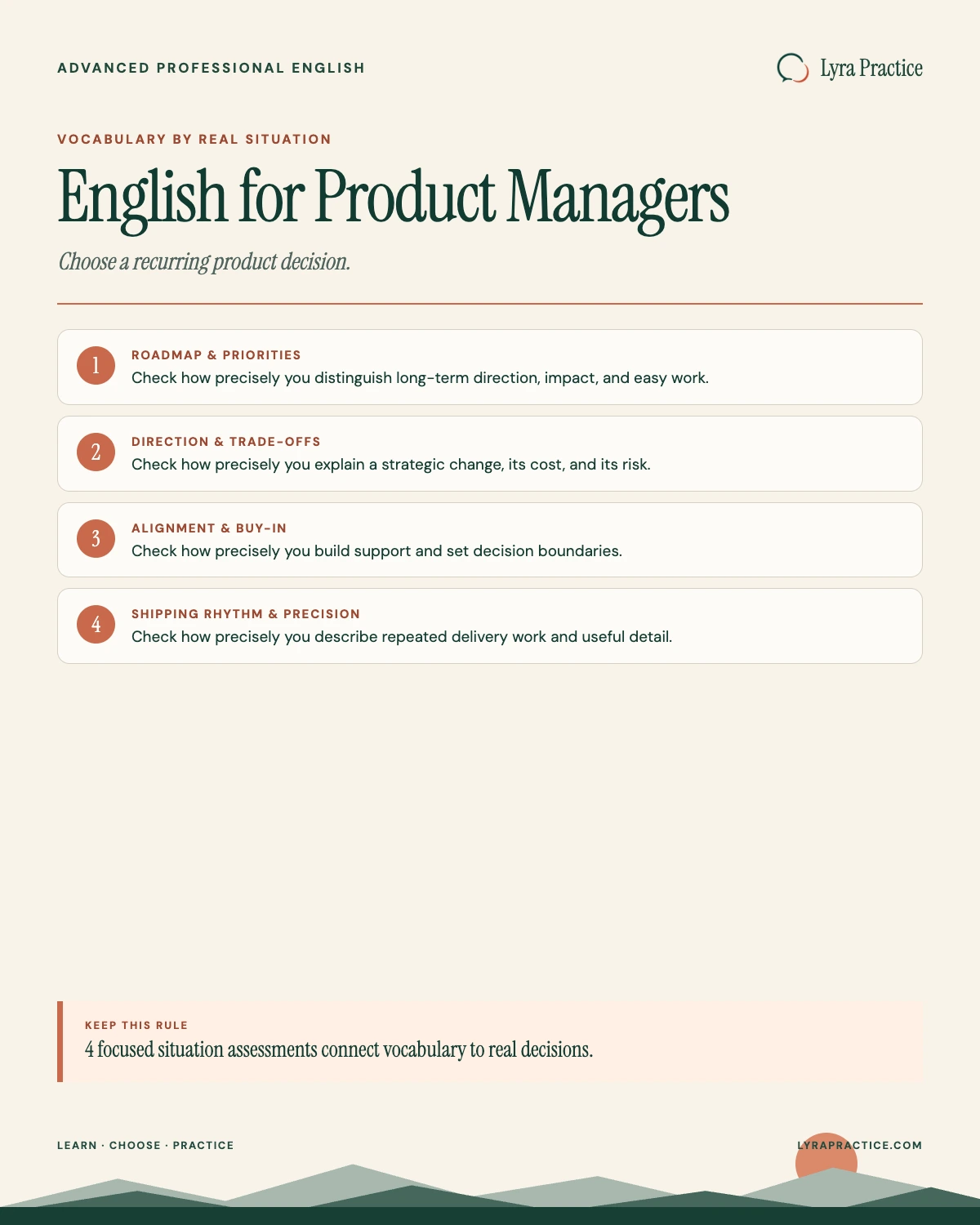 Product management English visual guide organized around real communication situations