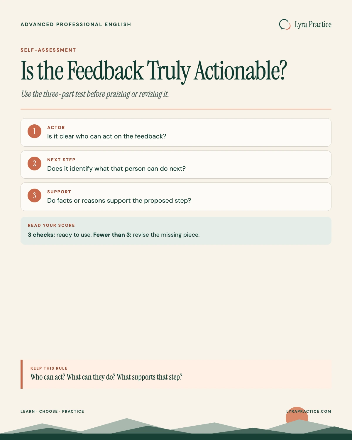 Three-question assessment for deciding whether workplace feedback is actionable
