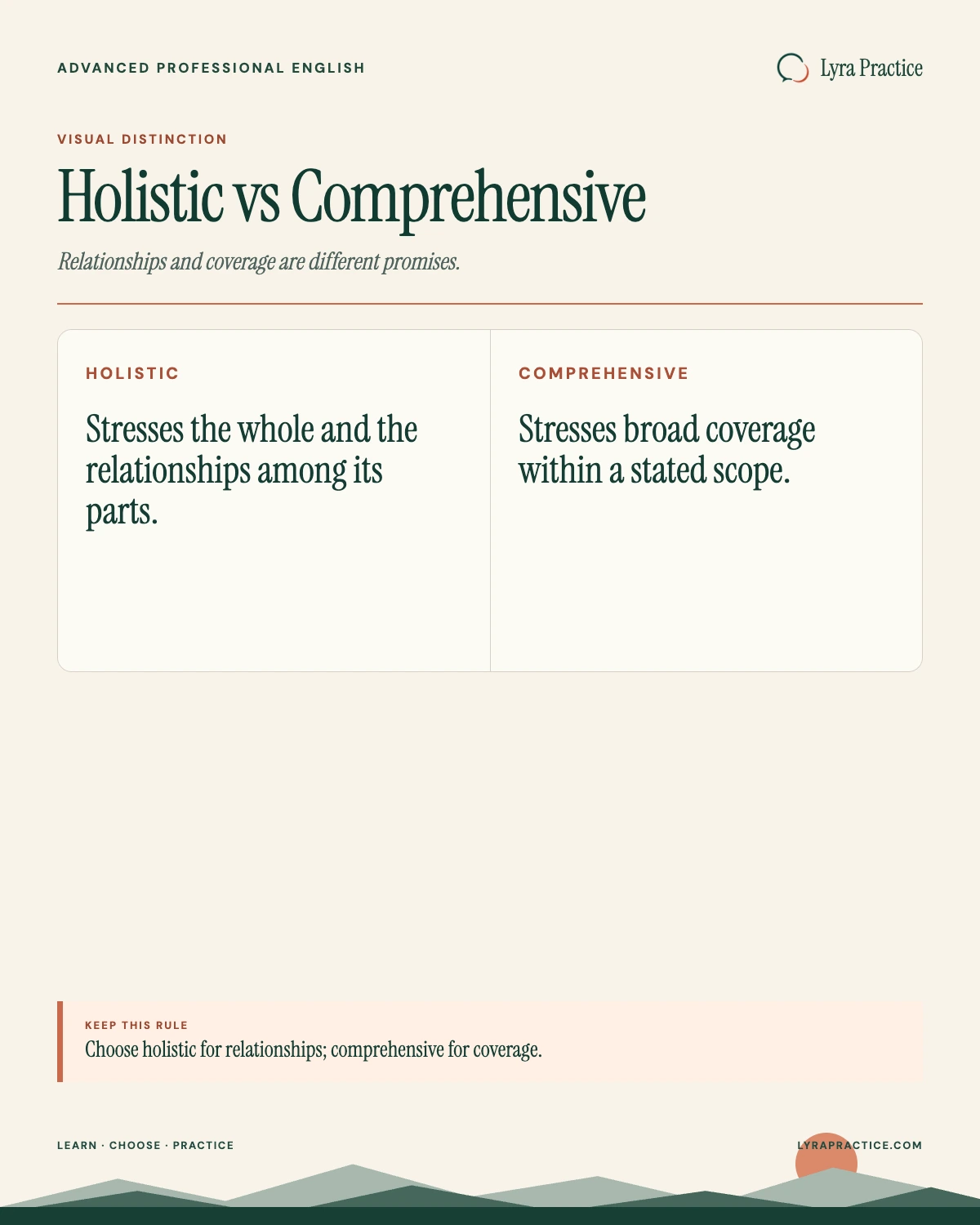Holistic versus comprehensive guide contrasting relationships among parts with broad coverage
