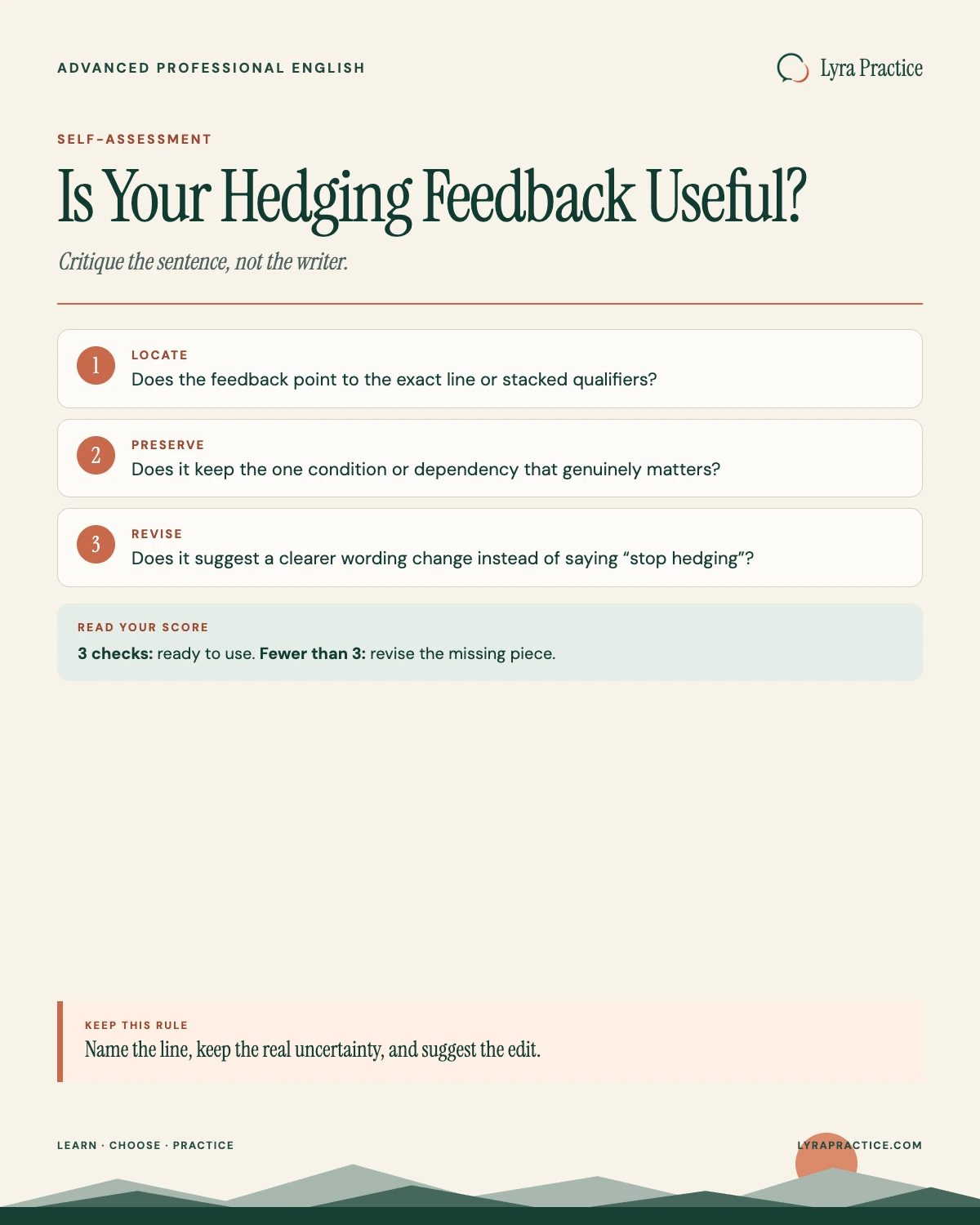 Self-assessment for giving constructive feedback about overhedged writing without judging the writer