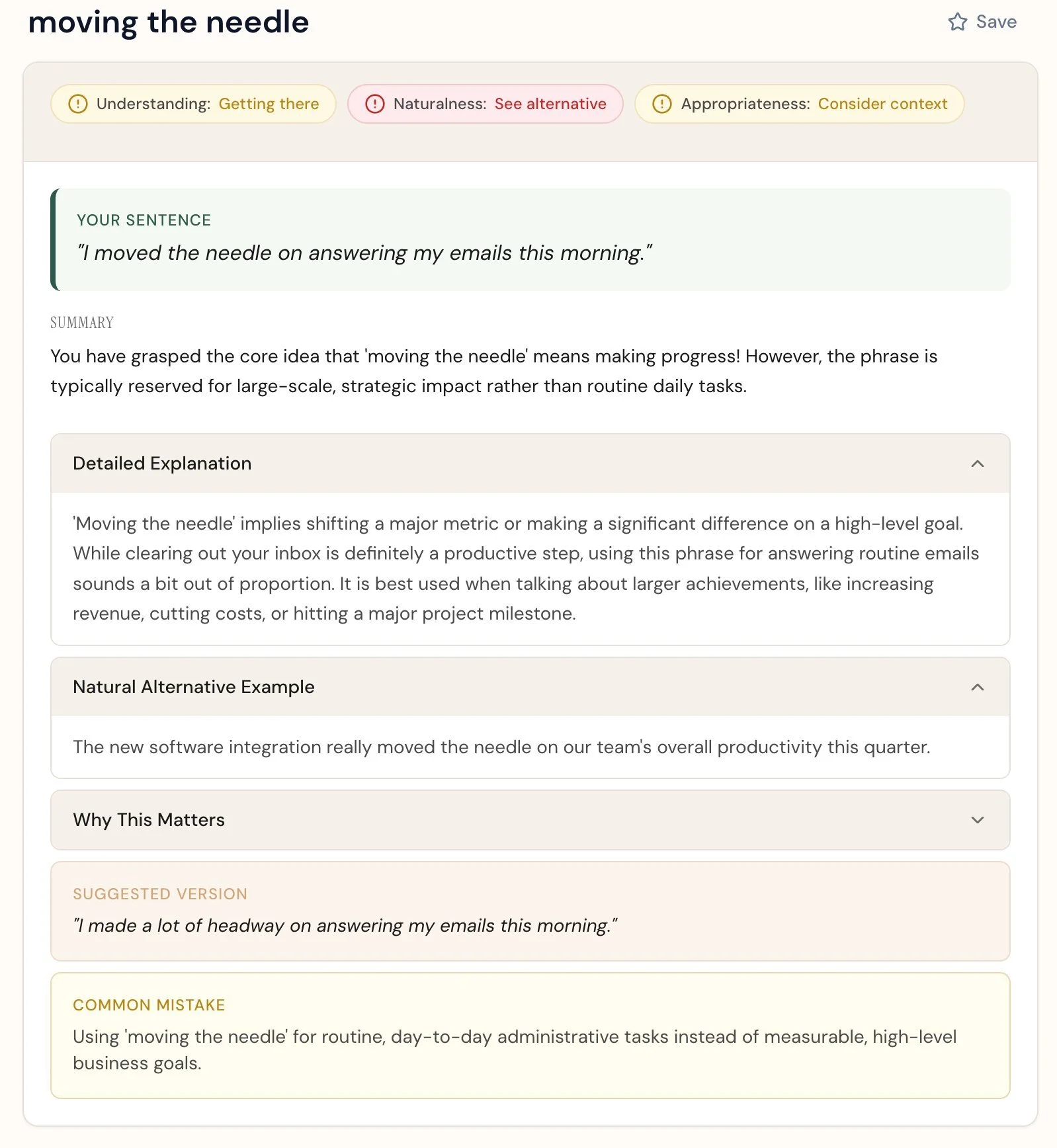 Lyra expert feedback screen